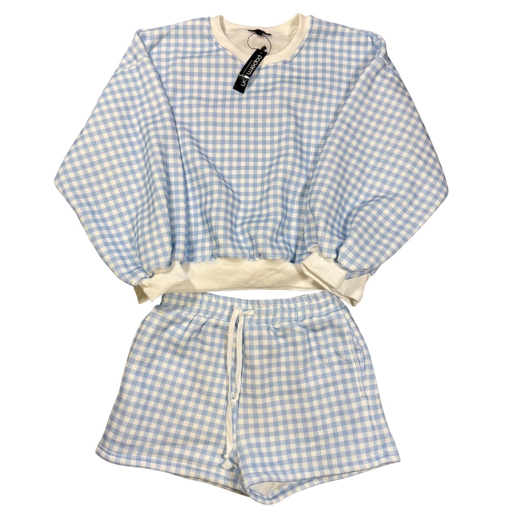 Cottagecore Picnic Soft Girl Blue Gingham Sweatshirt and Shorts Lounge Set S NWT